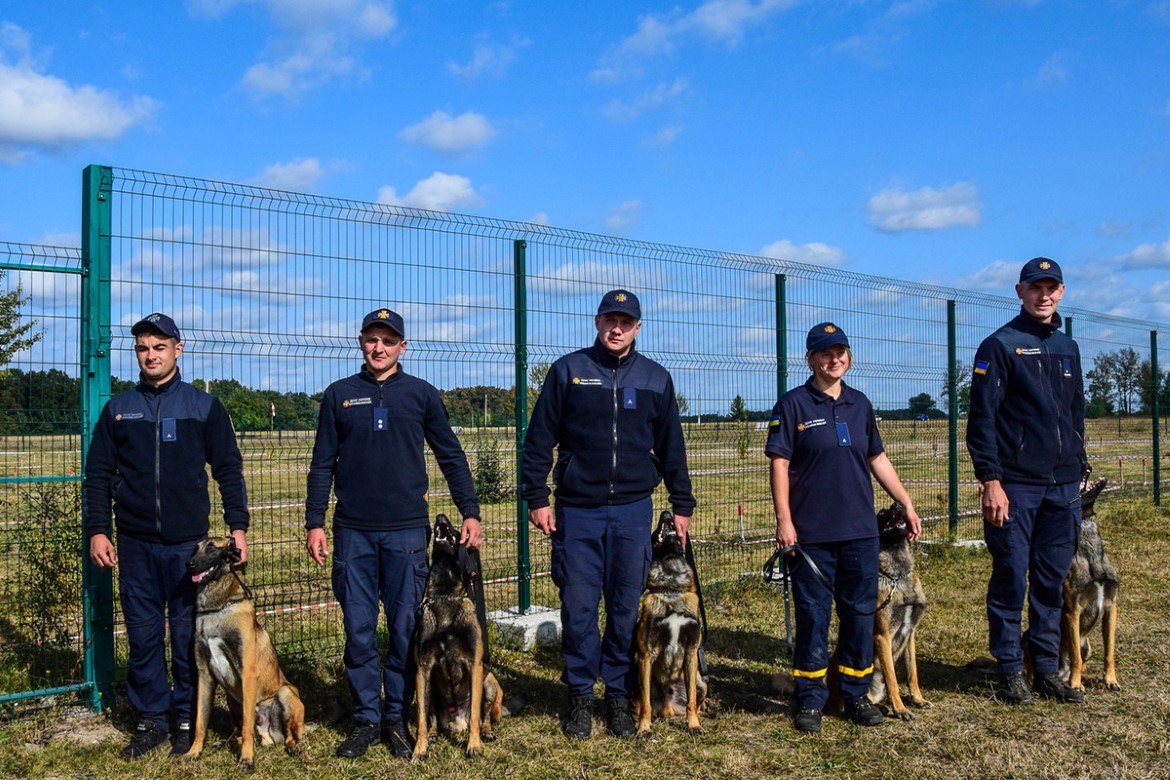 Canine mine detector dog handlers and their dogs