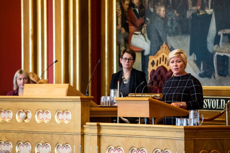 Statsbudsjett 2020 Finansminister Siv Jensen (FrP) holder finanstalen for Stortinget.
