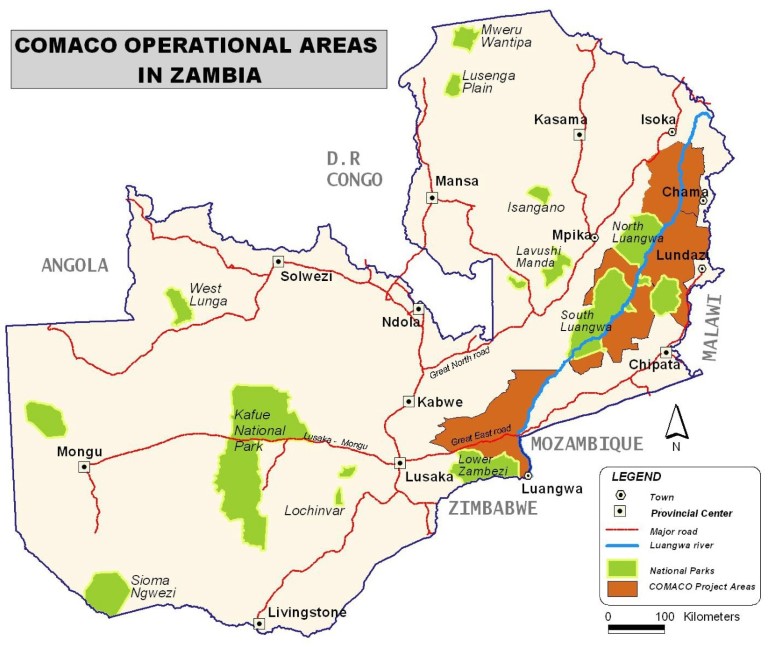 Kart over COMACOs operasjonsområder i Zambia