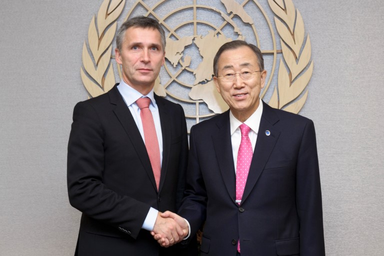 Secretary-General Ban Ki-moon (right) meets with Jens Stoltenberg, Prime Minister of Norway. 
09 November 2011 
United Nations, New York 
Photo # 493915 
